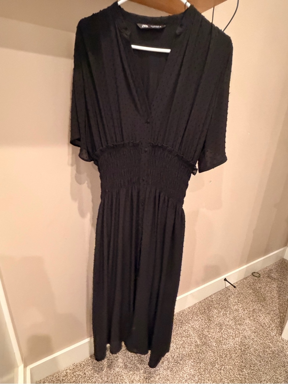 Zara Black Flutter-Sleeve Smocked Midi Dress